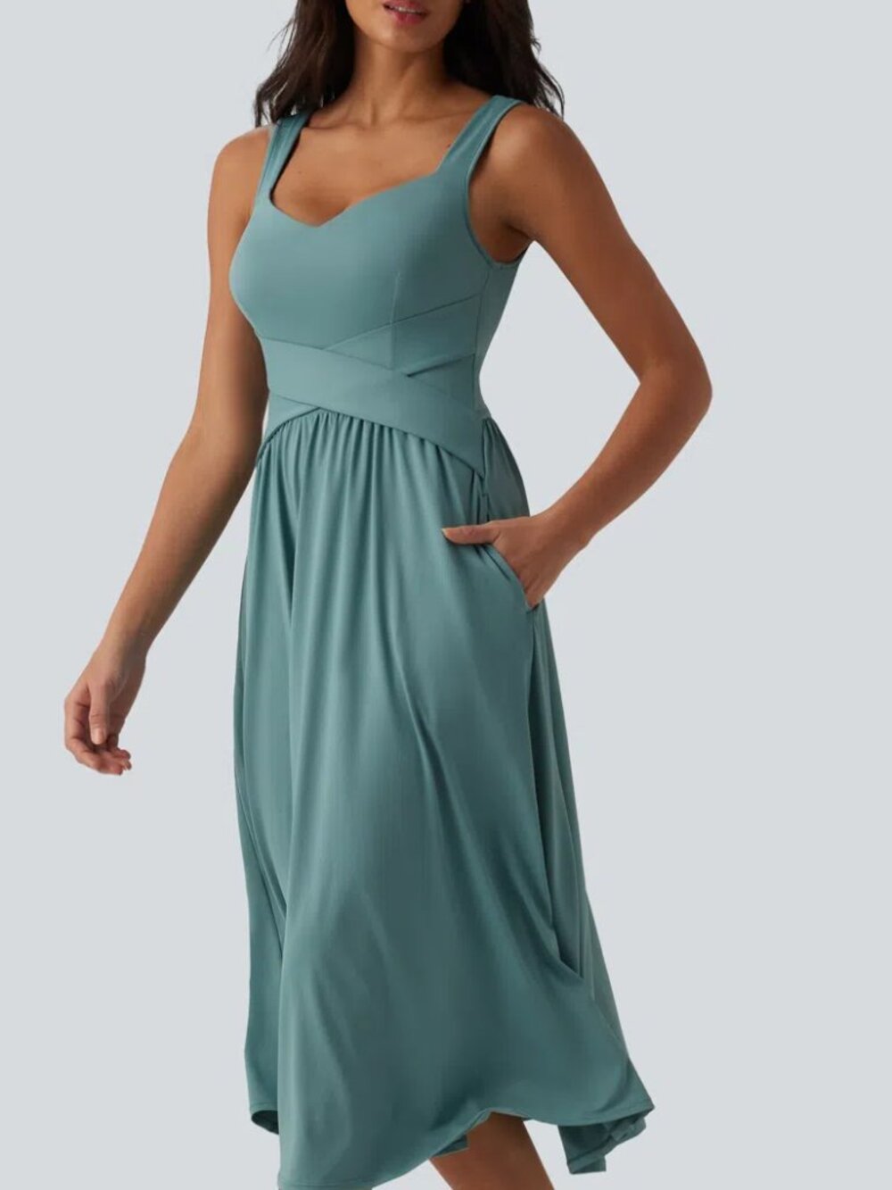 NWOT Halara Midi Sleeveless Crossover Flowy Midi Casual Dress with Pockets DD-F